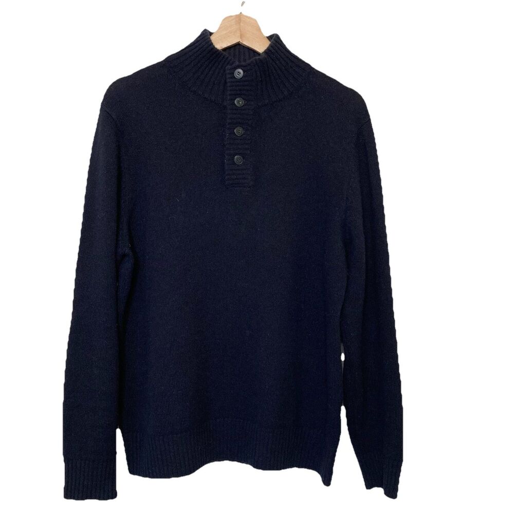 Naadam Cashmere Wool Blend Sweater Women’s Medium Navy Blue Mock Neck Button